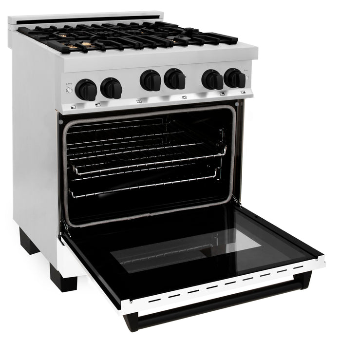 ZLINE 30" Autograph Edition All Gas Range in Stainless Steel with White Matte Door and Matte Black Accents, RGZ-WM-30-MB
