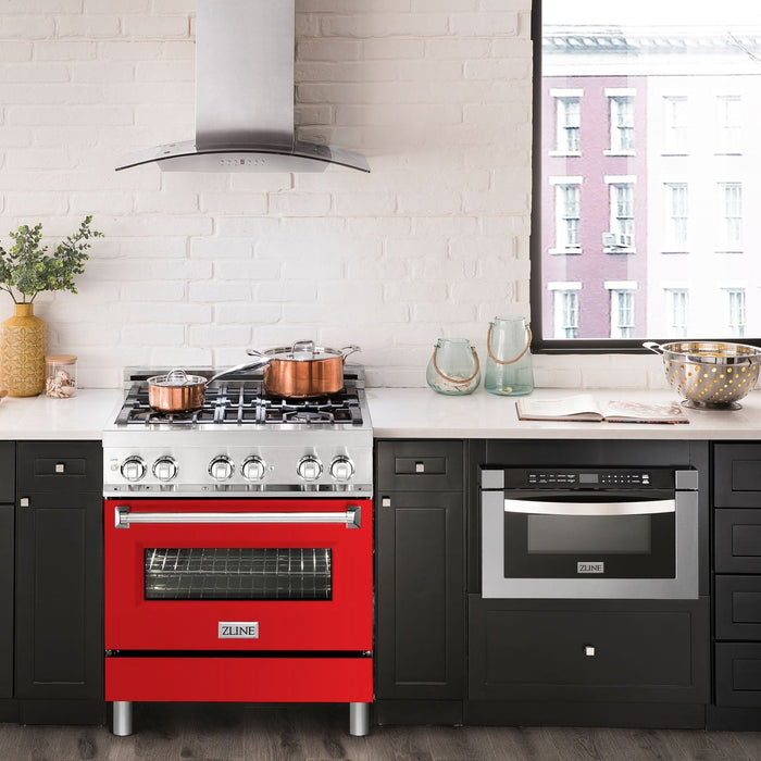 ZLINE 30" Dual Fuel Range in Stainless Steel with Red Matte Door, RA-RM-30