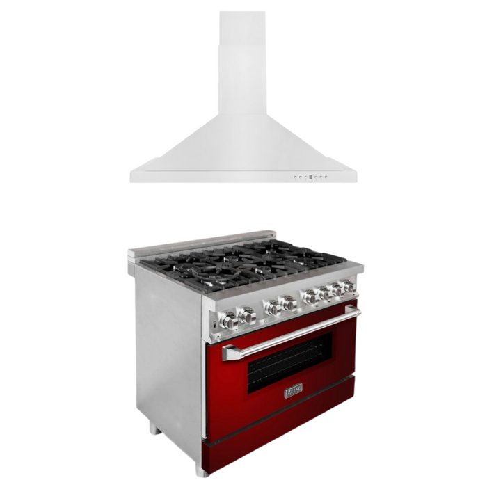 ZLINE 36 in. Dual Fuel Range with Red Gloss Door & 36 in. Range Hood Appliance Package, 2KP-RARGRH36