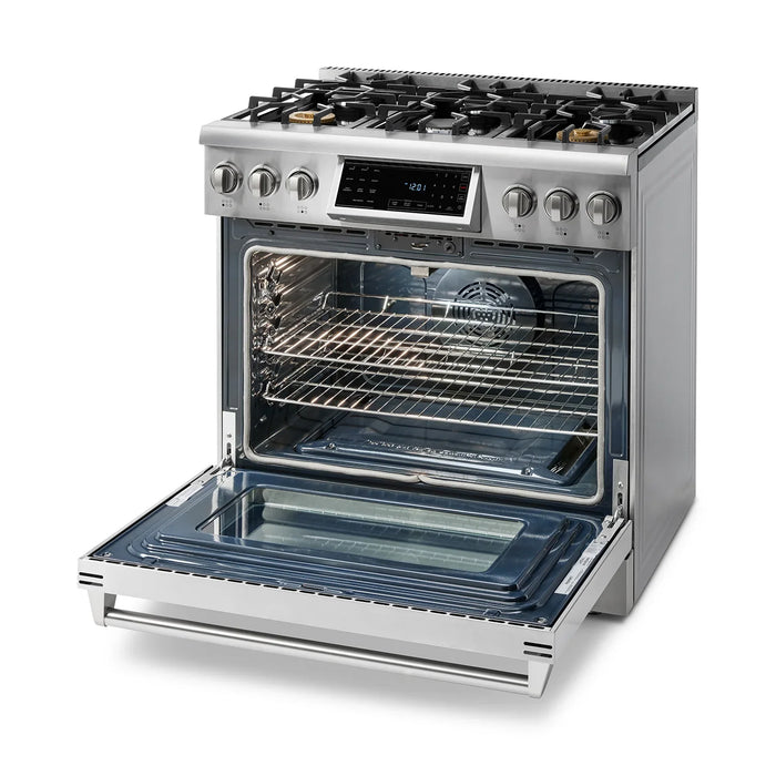 Thor Kitchen Appliance Package - 36 In. Gas Range, Range Hood, Refrigerator, Dishwasher, Wine Cooler, AP-TRG3601-W-3