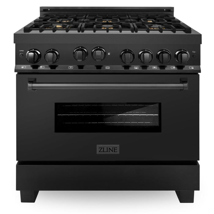 ZLINE Appliance Package - 36 in. Gas Range, Range Hood, Microwave Drawer, Refrigerator in Black Stainless, 4KPR-RGBRH36-MW