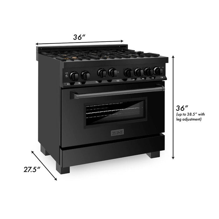 ZLINE 36" All Gas Range in Black Stainless Steel with Brass Burners, RGB-BR-36