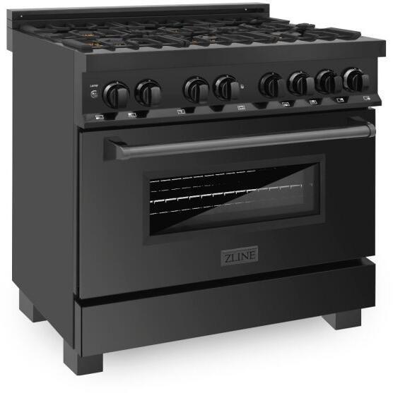 ZLINE Package - 36" Dual Fuel Range, Range Hood, Microwave, Dishwasher in Black Stainless