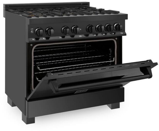 ZLINE Package - 36" Dual Fuel Range, Range Hood, Microwave, Dishwasher in Black Stainless