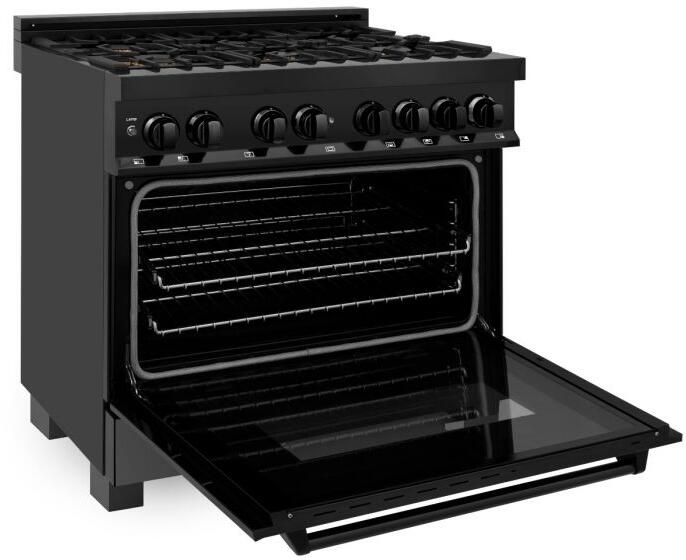 ZLINE Package - 36" Dual Fuel Range, Range Hood, Microwave, Dishwasher in Black Stainless