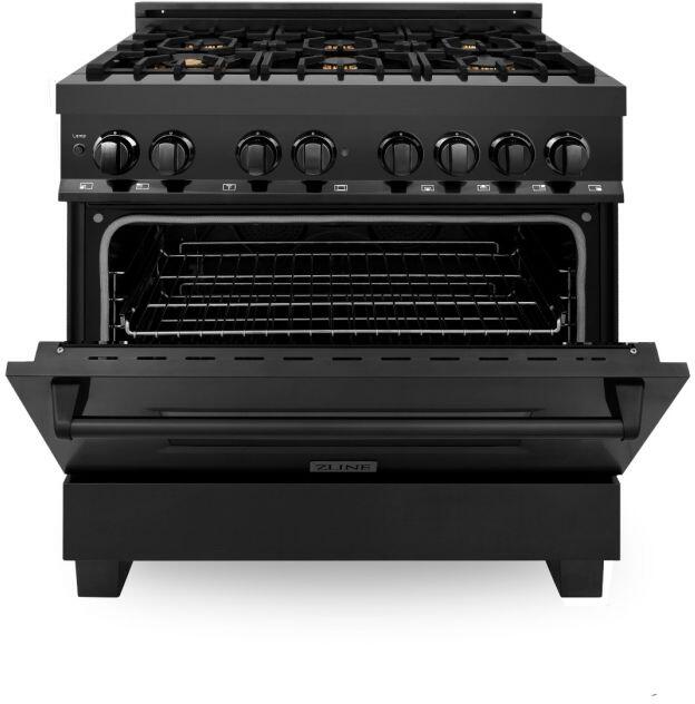 ZLINE Package - 36" Dual Fuel Range, Range Hood, Microwave, Dishwasher in Black Stainless