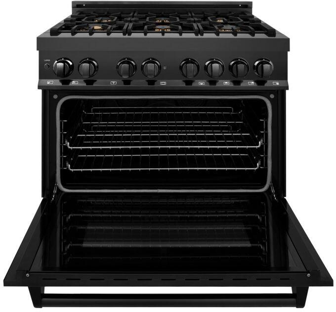 ZLINE Package - 36" Dual Fuel Range, Range Hood, Microwave, Dishwasher in Black Stainless