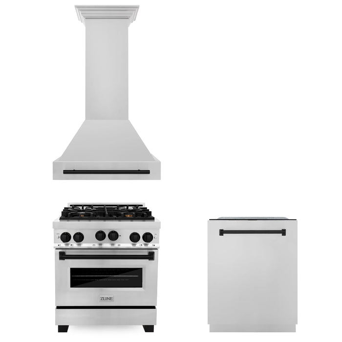 ZLINE Autograph Package - 30 In. Gas Range, Range Hood, Dishwasher in Stainless Steel with Matte Black Accents, 3AKP-RGRHDWM30-MB