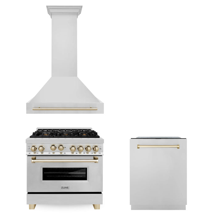 ZLINE Autograph Package - 36 In. Gas Range, Range Hood, Dishwasher in Stainless Steel with Gold Accents, 3AKP-RGRHDWM36-G