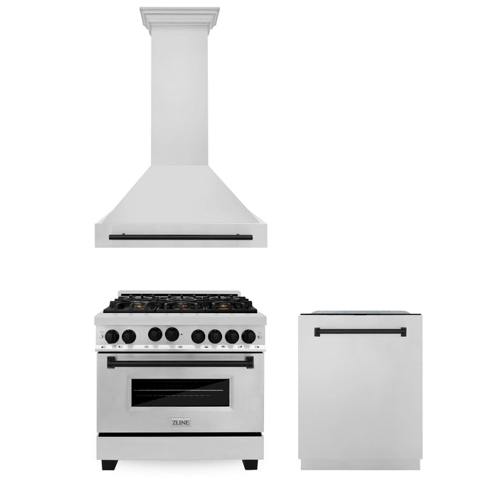 ZLINE Autograph Package - 36 In. Gas Range, Range Hood, Dishwasher in Stainless Steel with Matte Black Accents, 3AKP-RGRHDWM36-MB