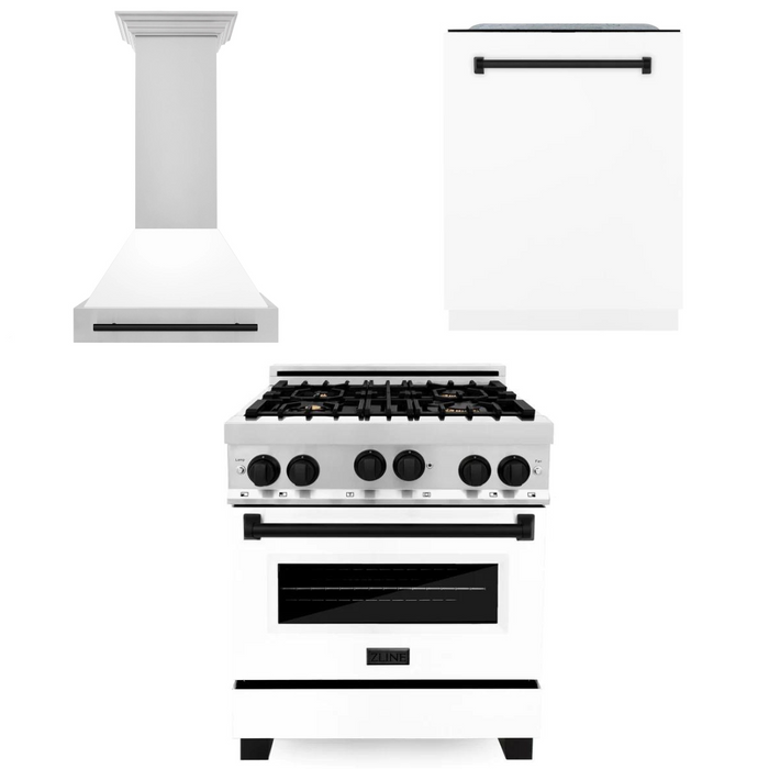 ZLINE Autograph Package - 30 In. Gas Range, Range Hood, Dishwasher in White with Matte Black Accents, 3AKP-RGWMRHDWM30-MB