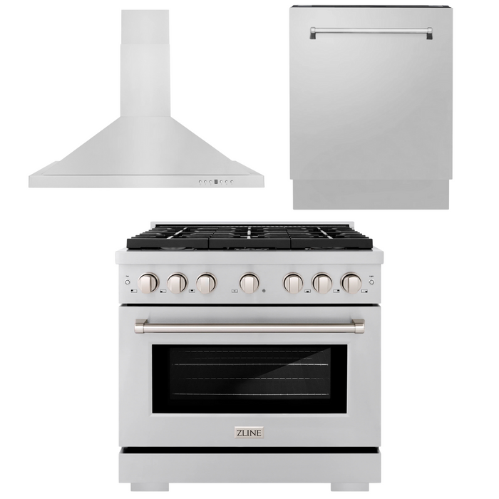 ZLINE Appliance Package - 36 in. Gas Range, Range Hood, 3 Rack Dishwasher, 3KP-SGRRH36-DWV