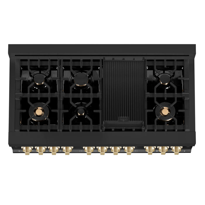 ZLINE 48" Autograph Edition Dual Fuel Range in Black Stainless Steel and Gold Accents, RABZ-48-G