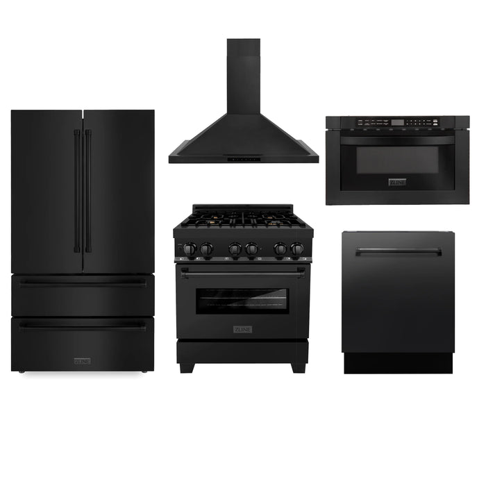 ZLINE Appliance Package - 30" Dual Fuel Range, Range Hood, Microwave, Dishwasher, Refrigerator in Black Stainless