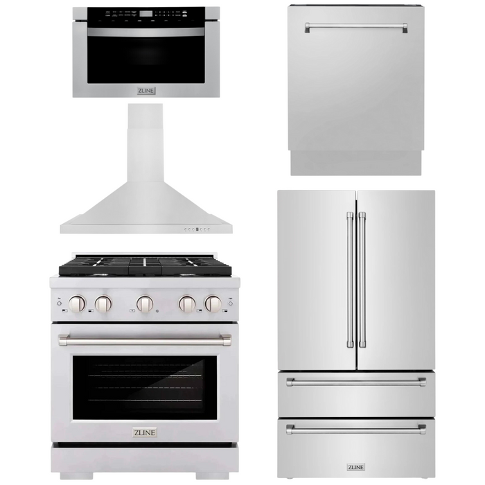 ZLINE Appliance Package - 30 in. Gas Range, 30 in. Range Hood, Microwave Drawer, 3 Rack Dishwasher, Refrigerator, 5KPR-SGRRH30-MWDWV