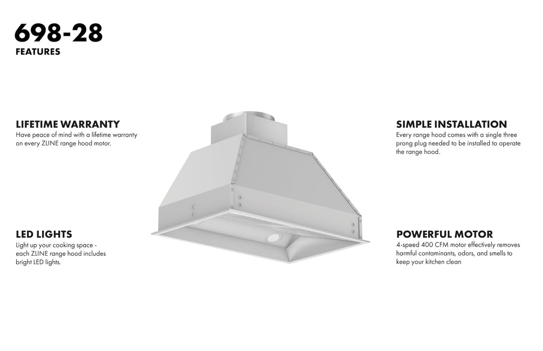 ZLINE 28" Ducted Wall Mount Range Hood Insert in Stainless Steel, 698-28