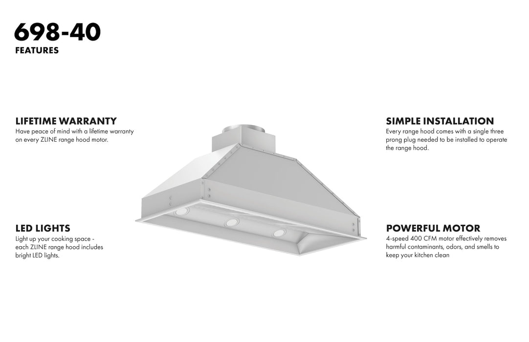 ZLINE 40" Wall Mount Range Hood Insert in Stainless Steel (18 in. Depth), 698-40