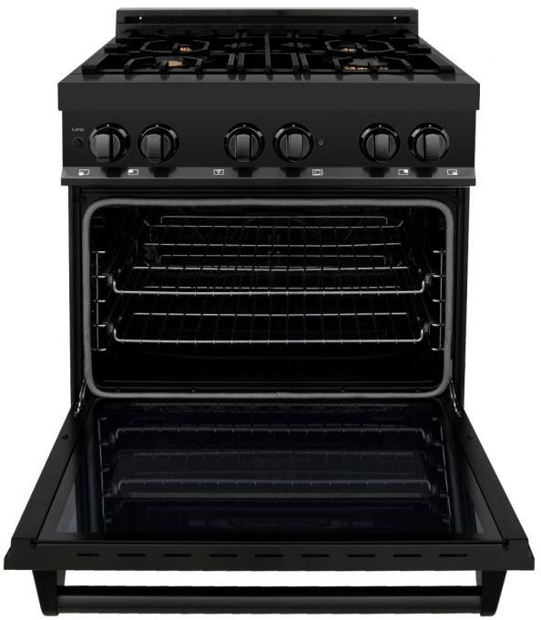 ZLINE Appliance Package - 30" Dual Fuel Range, Range Hood, Microwave, Dishwasher, Refrigerator in Black Stainless