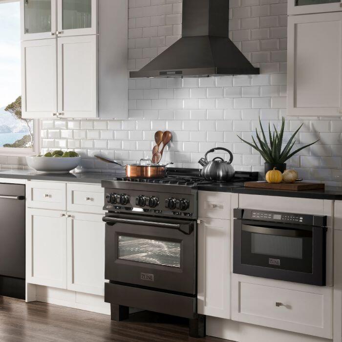 ZLINE Appliance Package - 30" Dual Fuel Range, Range Hood, Microwave, Dishwasher, Refrigerator in Black Stainless