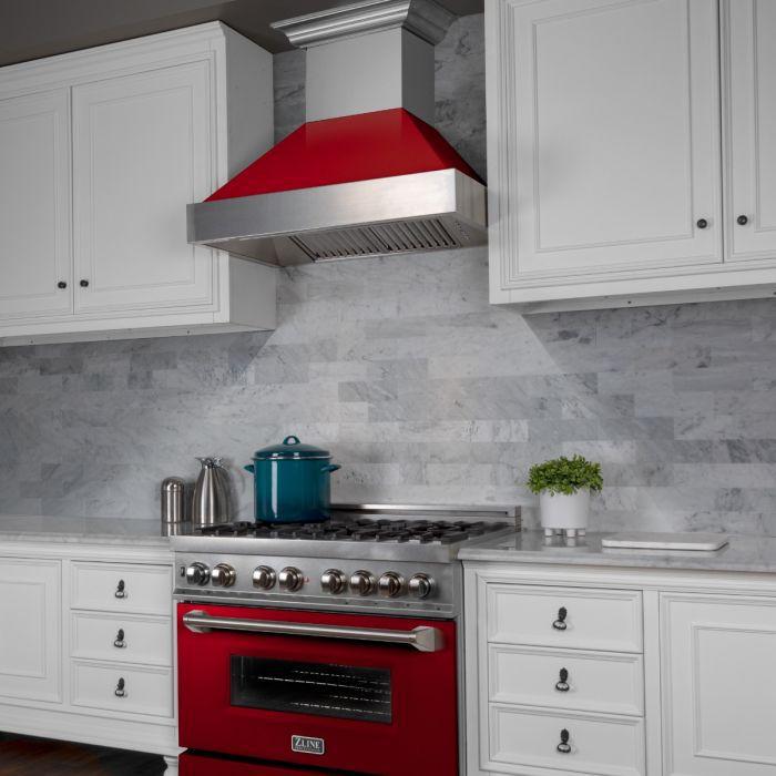 ZLINE 30" Wall Mount Range Hood in DuraSnow® Stainless Steel with Red Gloss Shell, 8654RG-30