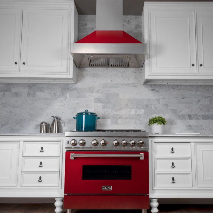 ZLINE 30" Wall Mount Range Hood in DuraSnow® Stainless Steel with Red Gloss Shell, 8654RG-30