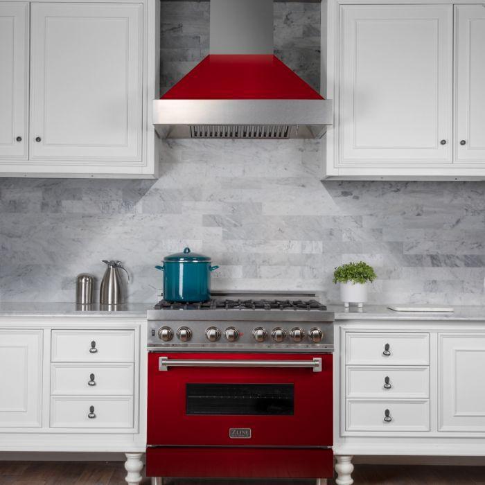 ZLINE 30" Wall Mount Range Hood in DuraSnow® Stainless Steel with Red Gloss Shell, 8654RG-30