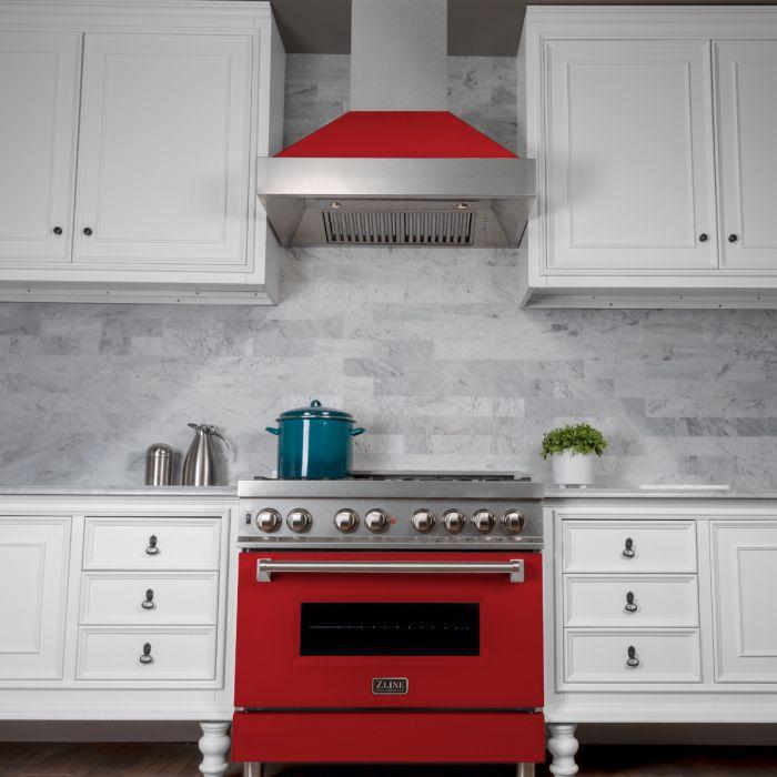 ZLINE 36" Ducted Wall Mount Range Hood in DuraSnow® Stainless Steel with Red Matte Shell, 8654RM-36