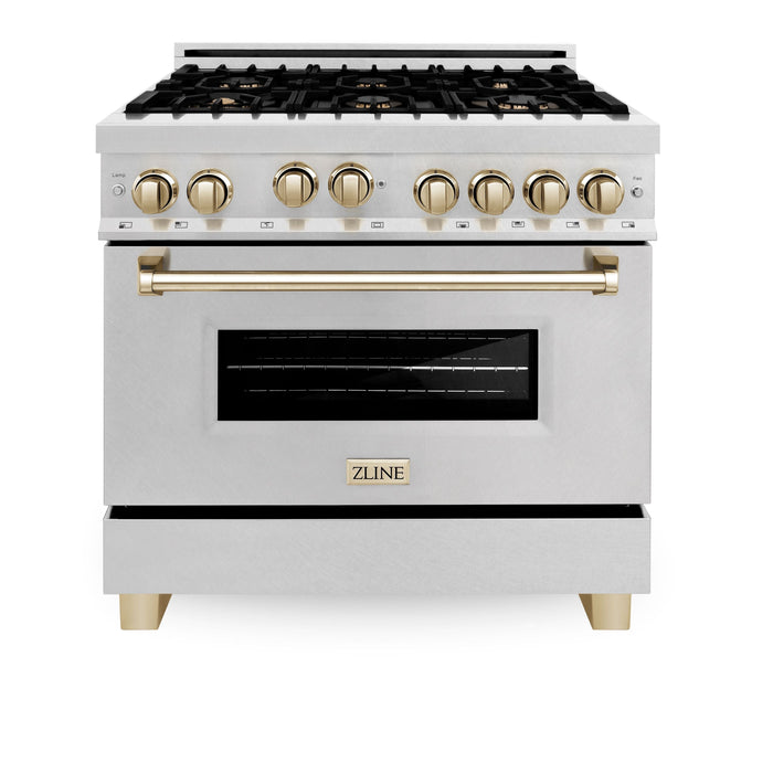 ZLINE 36" Autograph Edition All Gas Range in DuraSnow® Stainless Steel with Gold Accents, RGSZ-SN-36-G
