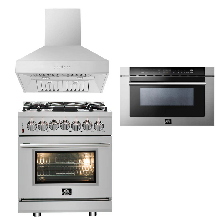 Forno Appliance Package - 30" Dual Fuel Range, 30" Range Hood, Microwave Drawer, AP-FFSGS6125-30-W-3