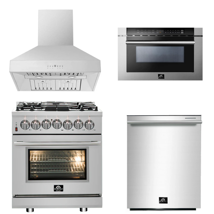 Forno Appliance Package - 30" Dual Fuel Range, 30" Range Hood, Dishwasher, Microwave Drawer, AP-FFSGS6125-30-W-6