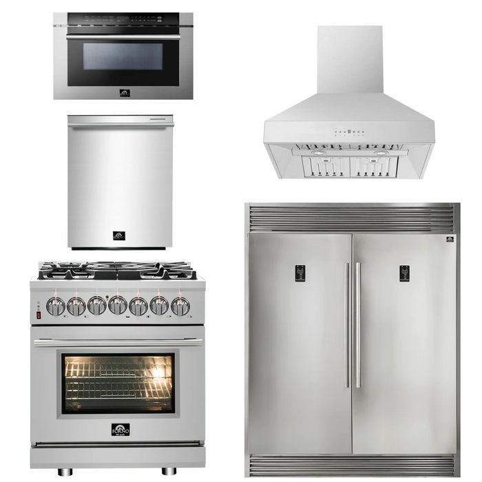 Forno Appliance Package - 30" Dual Fuel Range, 30" Range Hood, 60" Refrigerator, Dishwasher, Microwave Drawer, AP-FFSGS6125-30-W-8