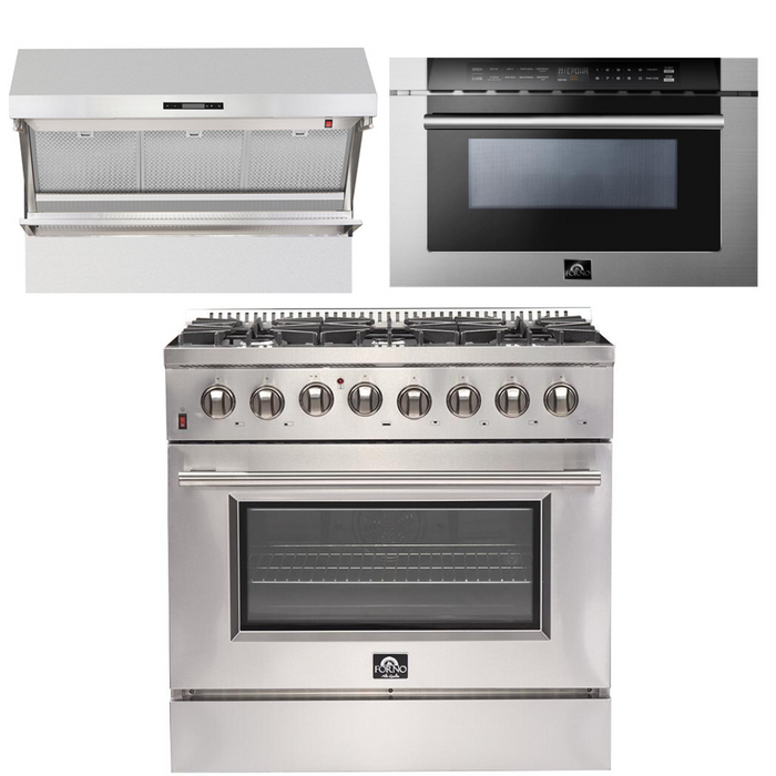 Forno Appliance Package - 36 Inch Dual Fuel Range, Wall Mount Range Hood, Microwave Drawer, AP-FFSGS6156-36-3