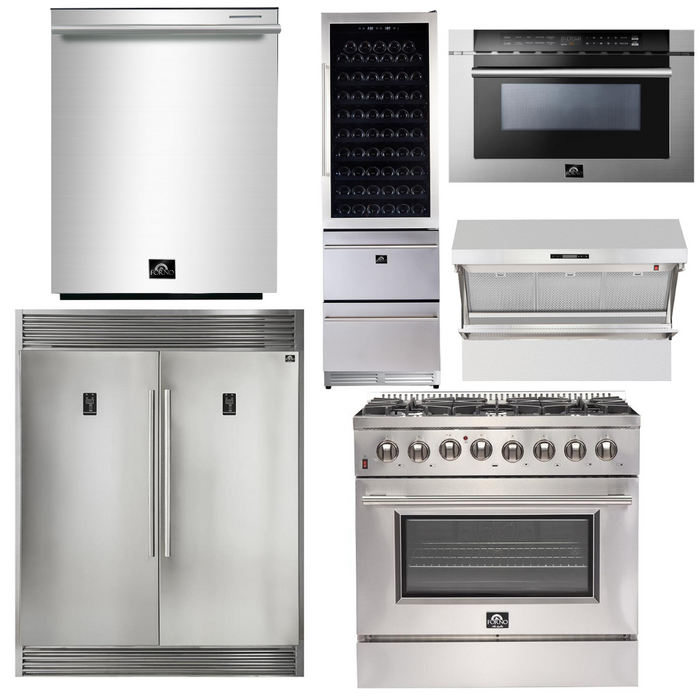 Forno Appliance Package - 36 Inch Dual Fuel Range, Range Hood, Refrigerator, Microwave Drawer, Dishwasher, Wine Cooler, AP-FFSGS6156-36-9