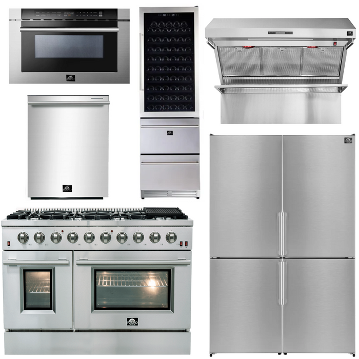 Forno Appliance Package - 48" Dual Fuel Range, 48" Range Hood, Dishwasher, 48" Refrigerator, Microwave Drawer, Wine Cooler, AP-FFSGS6156-48-14