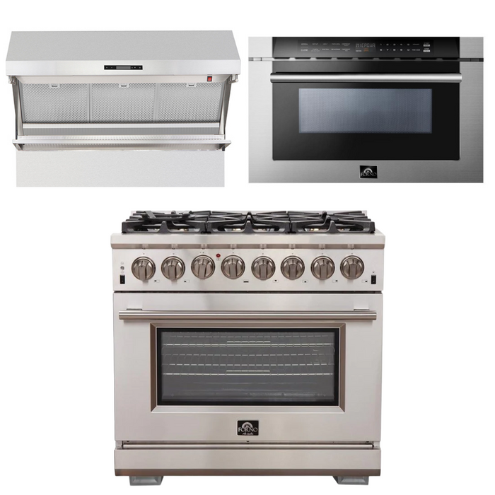 Forno Appliance Package - 36 Inch Gas Burner/Electric Oven Pro Range, Wall Mount Range Hood, Microwave Drawer, AP-FFSGS6187-36-3