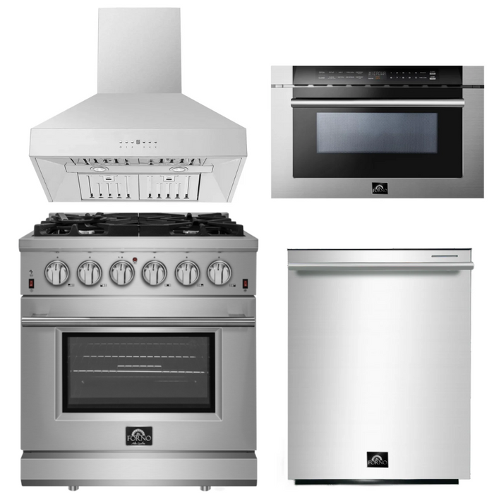 Forno Appliance Package - 30 Inch Gas Range, Wall Mount Range Hood, Microwave Drawer, Dishwasher, AP-FFSGS6239-30-W-6