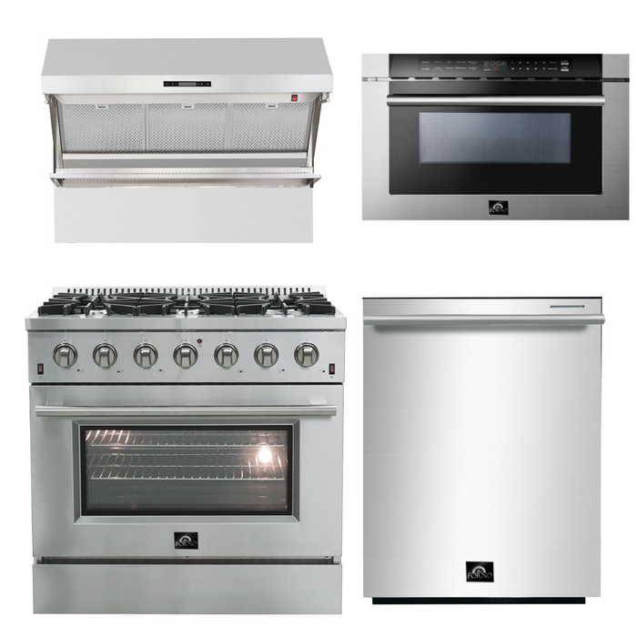 Forno Appliance Package - 36 Inch Gas Range, Wall Mount Range Hood, Microwave Drawer, Dishwasher, AP-FFSGS6244-36-6