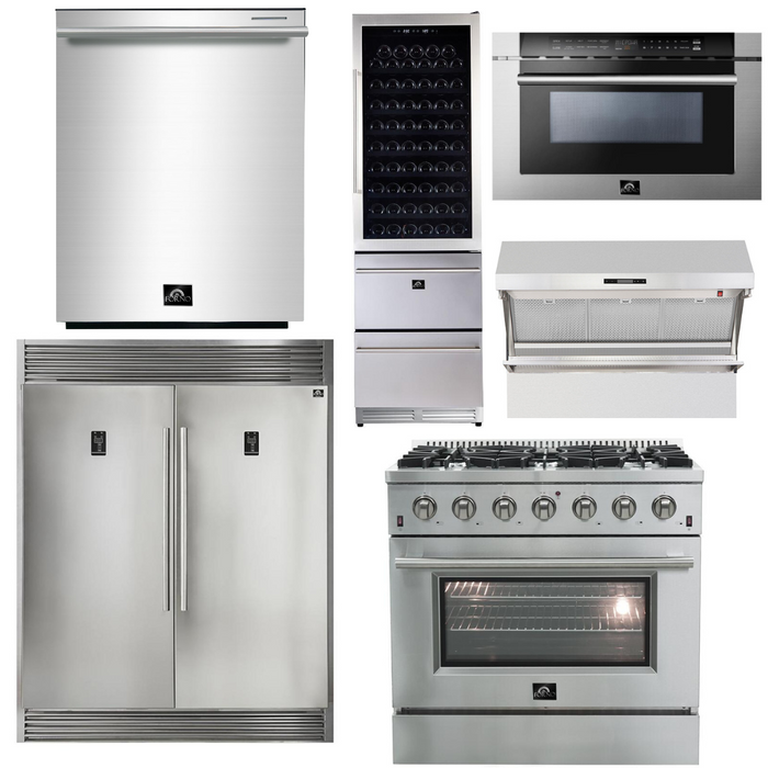 Forno Appliance Package - 36 Inch Gas Range, Range Hood, Refrigerator, Microwave Drawer, Dishwasher, Wine Cooler, AP-FFSGS6244-36-9