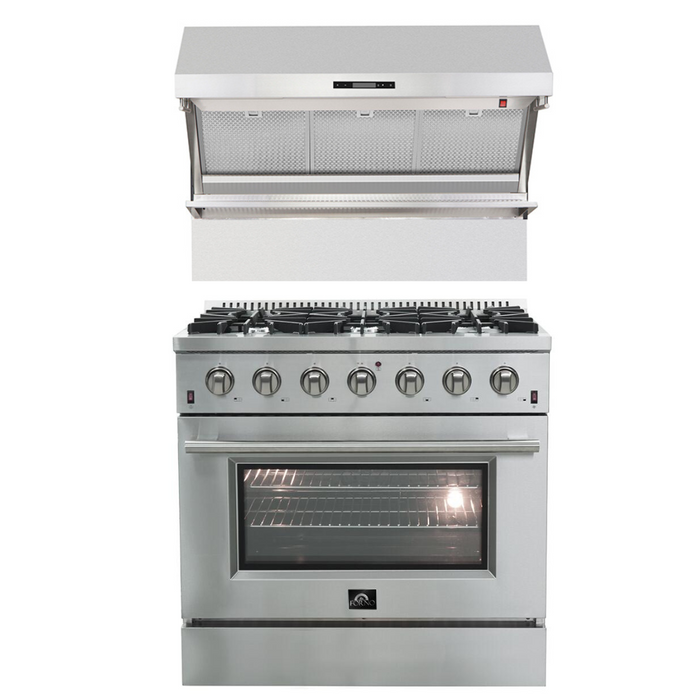 Forno Appliance Package- 36 Inch Gas Range, Wall Mount Range Hood, AP-FFSGS6244-36