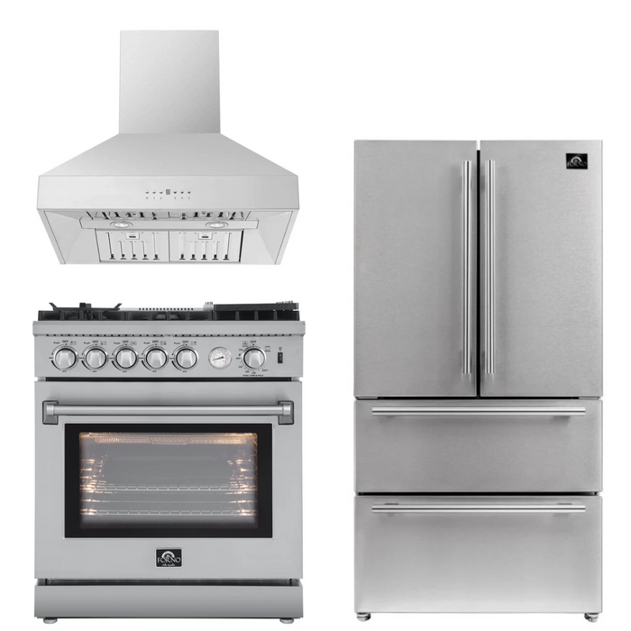 Forno Appliance Package - 30" Gas Range with Airfryer, Range Hood, 36" Refrigerator, AP-FFSGS6276-30-10