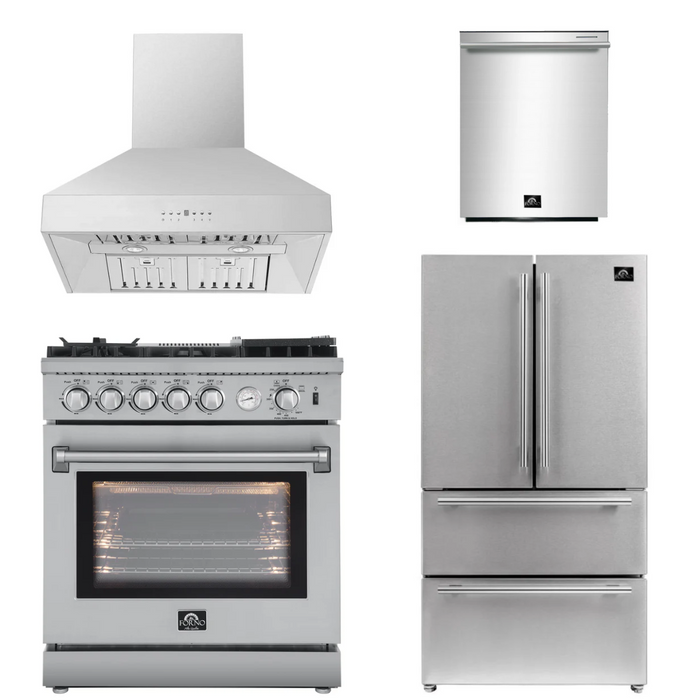 Forno Appliance Package - 30" Gas Range with Airfryer, Range Hood, 36" Refrigerator, Dishwasher, AP-FFSGS6276-30-11