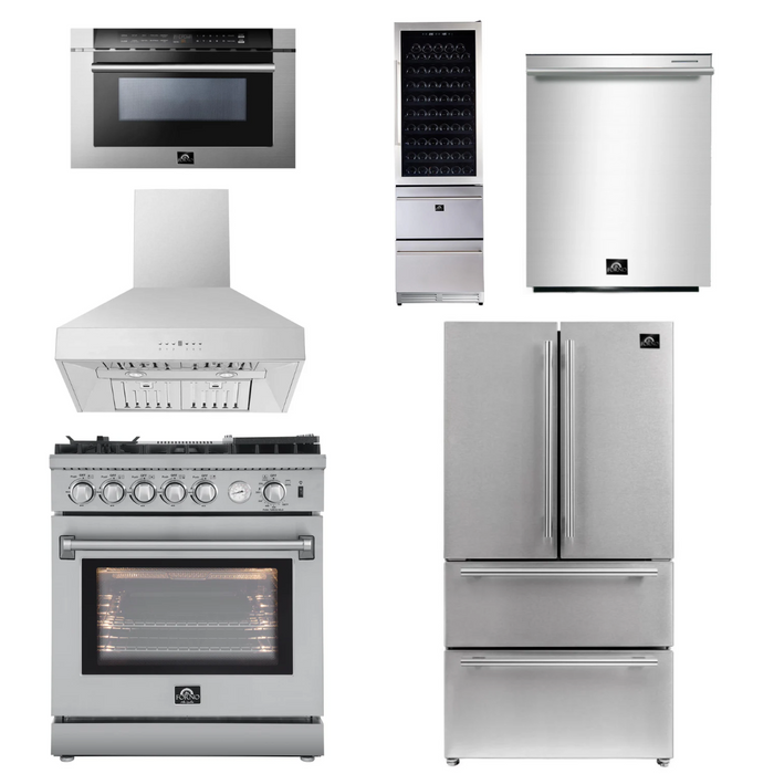 Forno Appliance Package - 30" Gas Range with Airfryer, Range Hood, 36" Refrigerator, Dishwasher, Microwave Drawer, Wine Cooler, AP-FFSGS6276-30-13