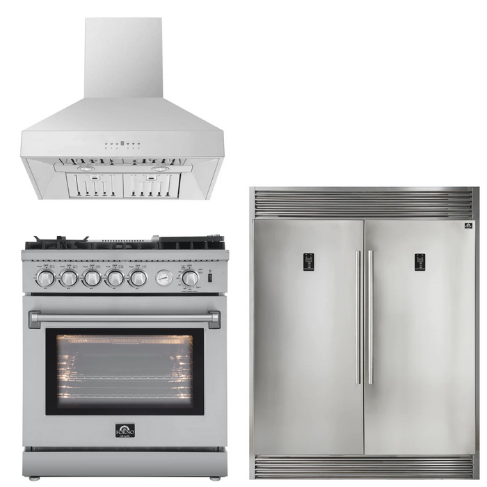 Forno Appliance Package - 30" Gas Range, 30" Range Hood, 60" Refrigerator, AP-FFSGS6276-30-W-4