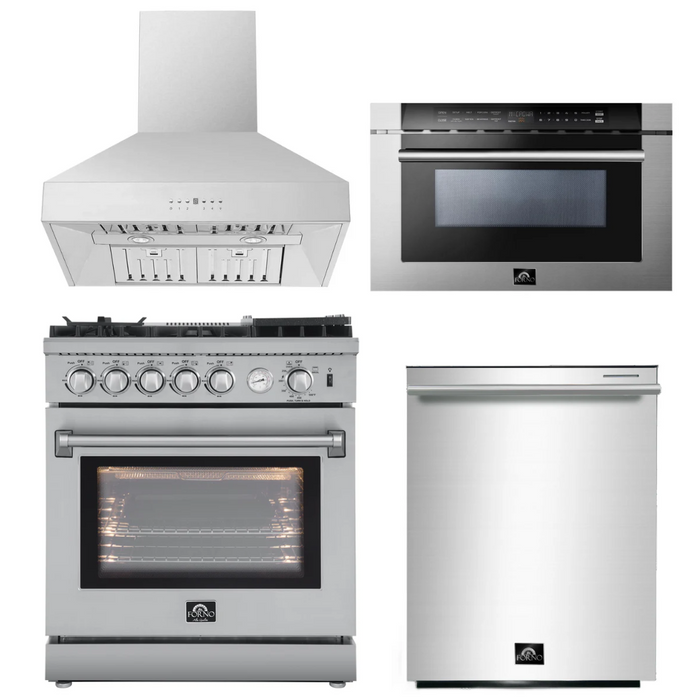 Forno Appliance Package - 30" Gas Range, 30" Range Hood, Dishwasher, Microwave Drawer, AP-FFSGS6276-30-W-6