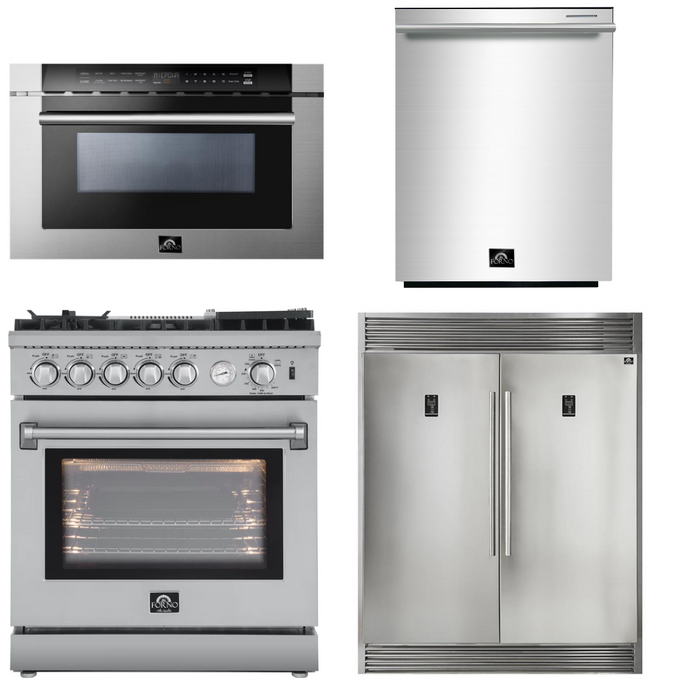 Forno Appliance Package - 30" Gas Range, 60" Refrigerator, Dishwasher, Microwave Drawer, AP-FFSGS6276-30-W-7