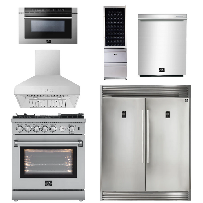 Forno Appliance Package - 30" Gas Range, 30" Range Hood, 60" Refrigerator, Dishwasher, Microwave Drawer, Wine Cooler, AP-FFSGS6276-30-W-9