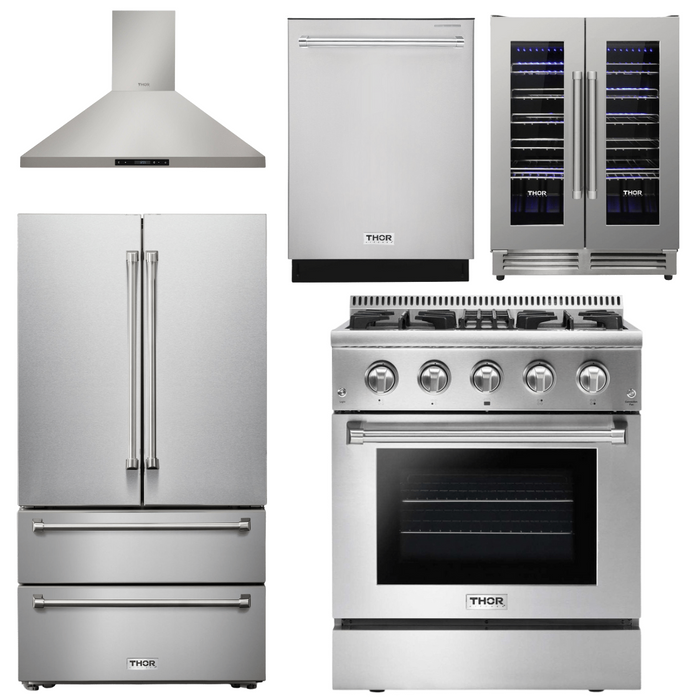 Thor Kitchen Package - 30 In. Propane Gas Burner/Electric Oven Range, Range Hood, Refrigerator, Dishwasher, Wine Cooler, AP-HRD3088ULP-17