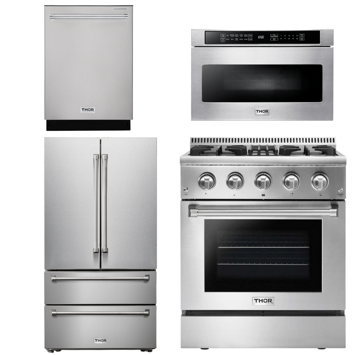 Thor Kitchen Appliance Package - 30 In. Gas Burner/Electric Oven Range, Microwave Drawer, Refrigerator, Dishwasher, AP-HRD3088U-18