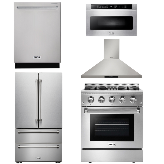 Thor Kitchen Appliance Package - 30 In. Gas Burner/Electric Oven Range, Range Hood, Microwave Drawer, Refrigerator, Dishwasher, AP-HRD3088U-19