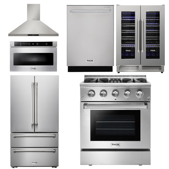 Thor Kitchen Appliance Package - 30 In. Gas Burner/Electric Oven Range, Range Hood, Microwave Drawer, Refrigerator, Dishwasher, Wine Cooler, AP-HRD3088U-20